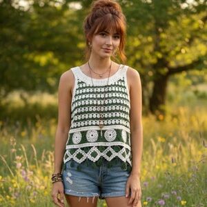 Denim Republic Knit Crochet Bohemian Indie Festival Sleeveless Top Green Ivory